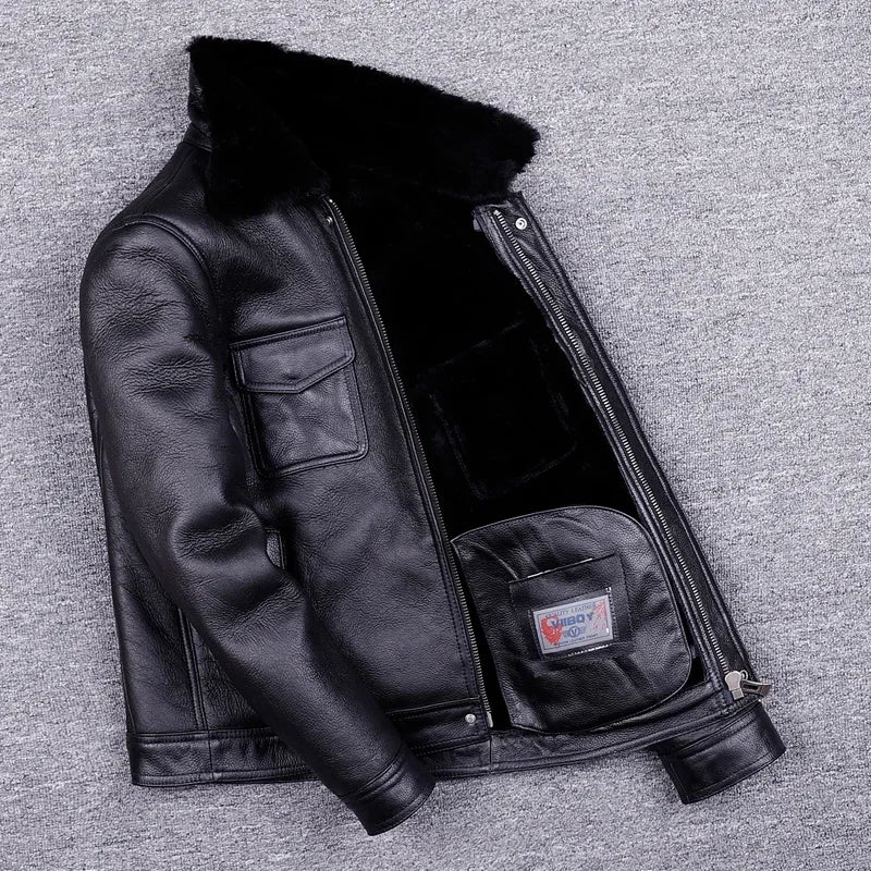 Mens Real Fur Coat Winter Warm Men Fur Coats Genuine Leather Motorcycle Jacket Natural Leather Fur Manteau Homme SGG1109