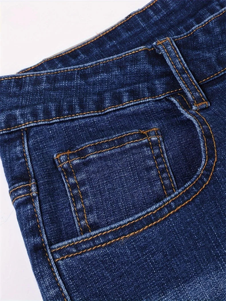 Motorcycle Trendy Straight Men's Jeans Elastic Washed Fashion Streetwear Denim Pants Embroidery Hip-Hop Trousers (Without Belt)
