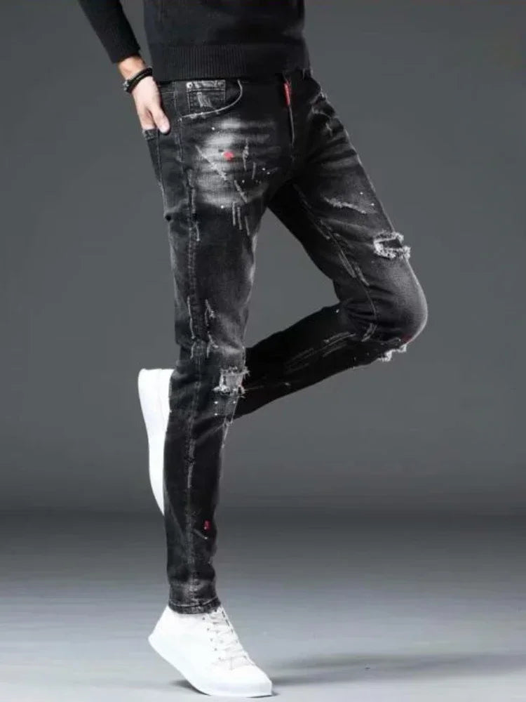 Trousers Ripped Torn Patch Man Cowboy Pants Slim Fit with Holes Men's Jeans Tight Pipe Skinny Broken 2025 Korean Autumn Goth Xs