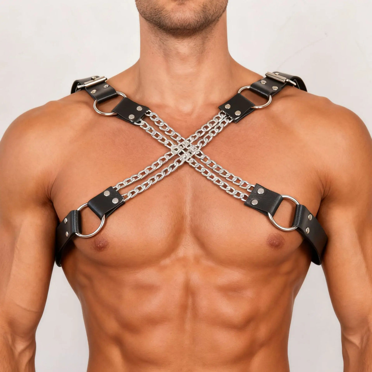 Men's Adjustable PU Leather Body Harness with Chain Tassels - Fashionable Black Chest Belt for Parties, Performances