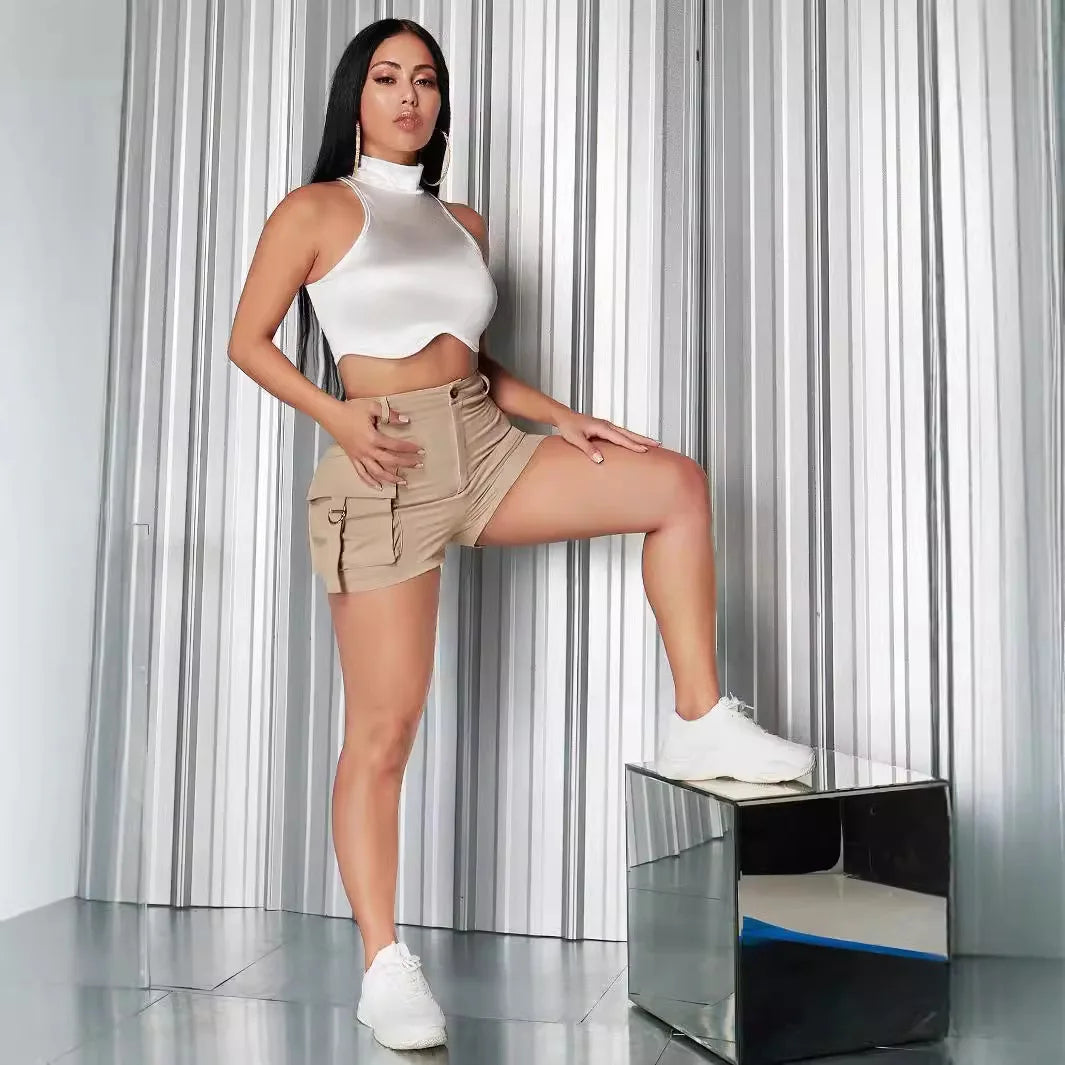 Shorts Solid Women Zipper Fly High Waist Shorts Casual Spliced Pockets Patchwork 2025 Summer Button Skinny Slim Fit Sports