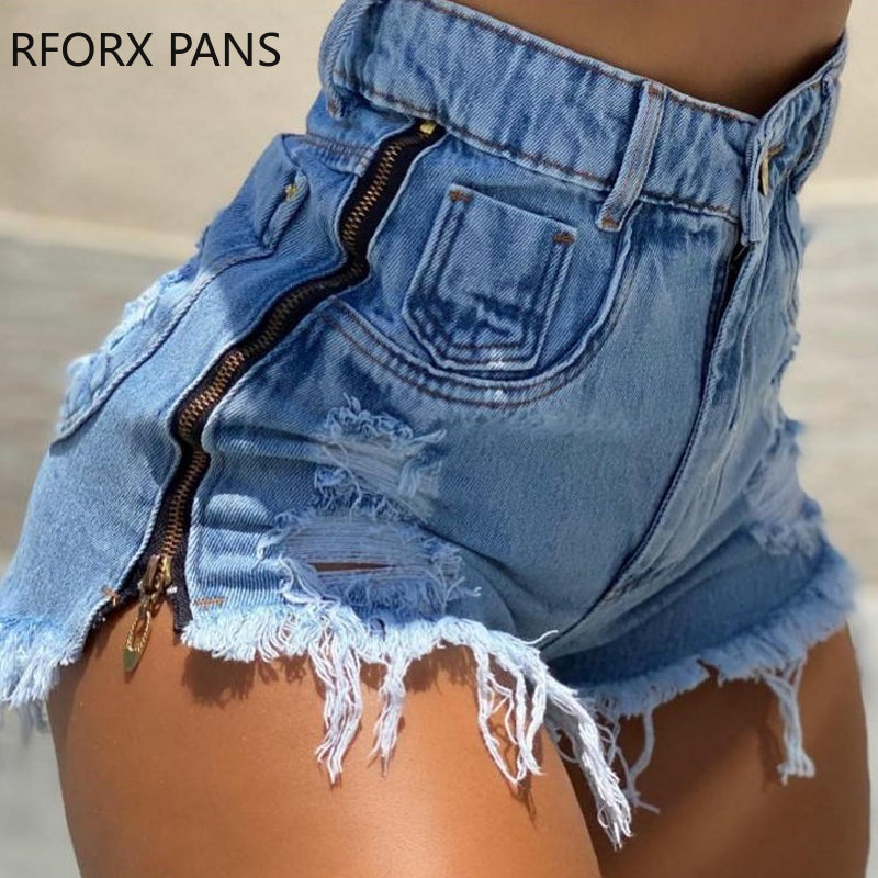 Frauen Chic Casual Solide Zipper Dekoration Ripped Quasten Hohe Wasit Frauen Denim Shorts