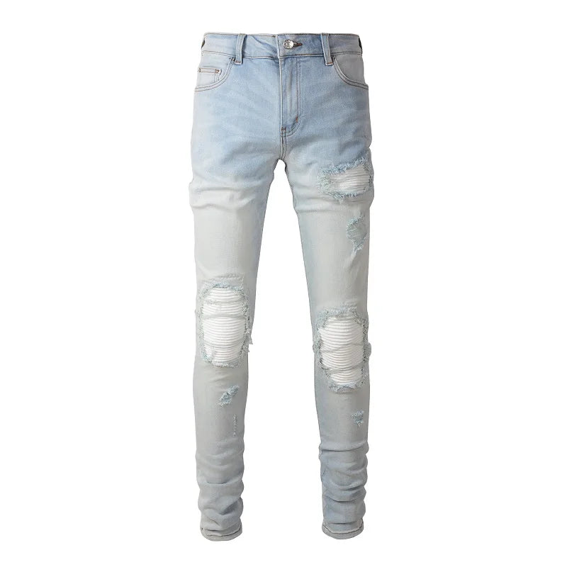 Herren Hellblaue Bikerjeans mit Rissen, Plissee-Patch, Patchwork-Stretch-Jeans, Streetwear-Löcher, zerrissene Röhrenhose