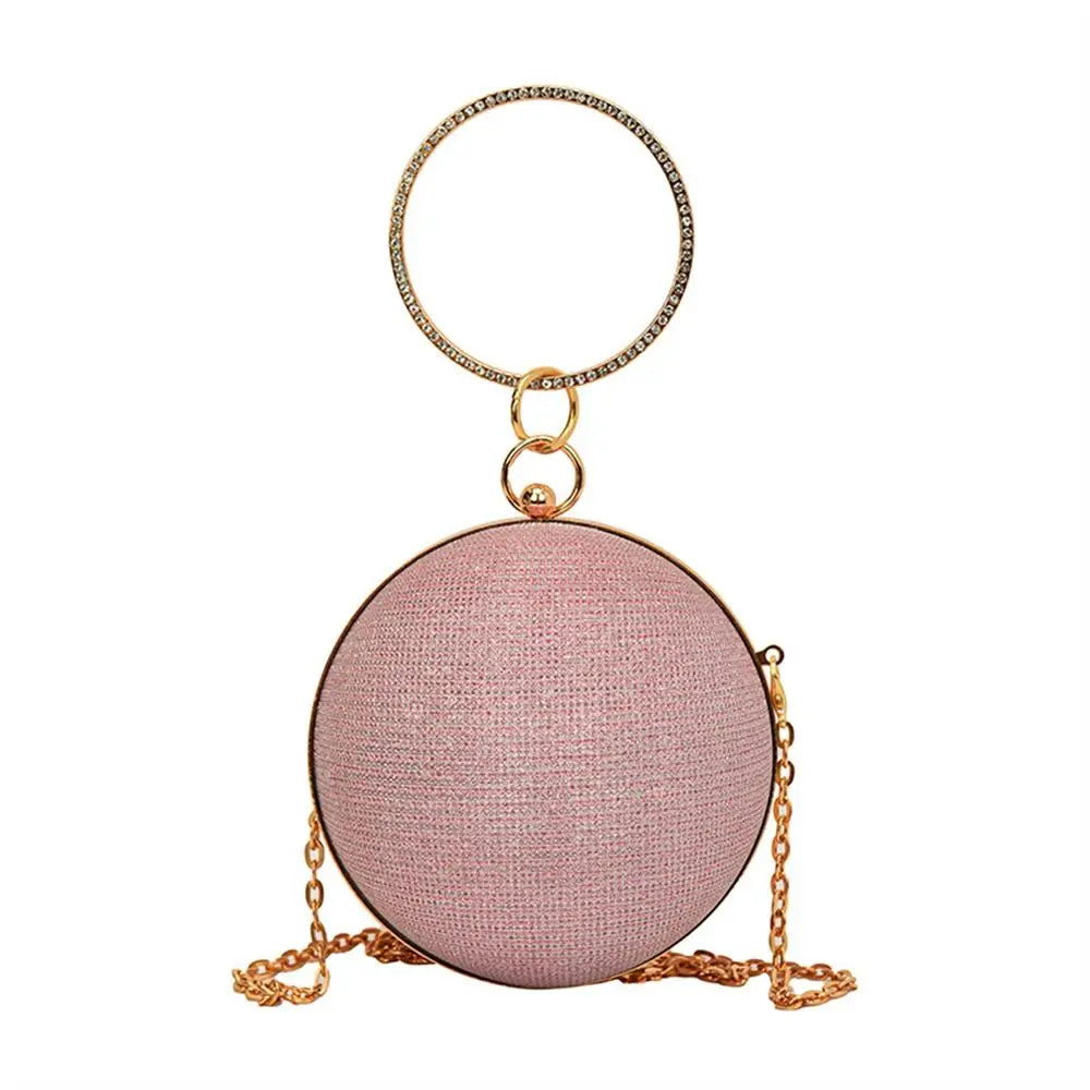 Elegant Circular Evening Bag Gold Bright Silk Rhinestone Decorative Chain Banquet Clutch Shoulder Bags Wedding Party