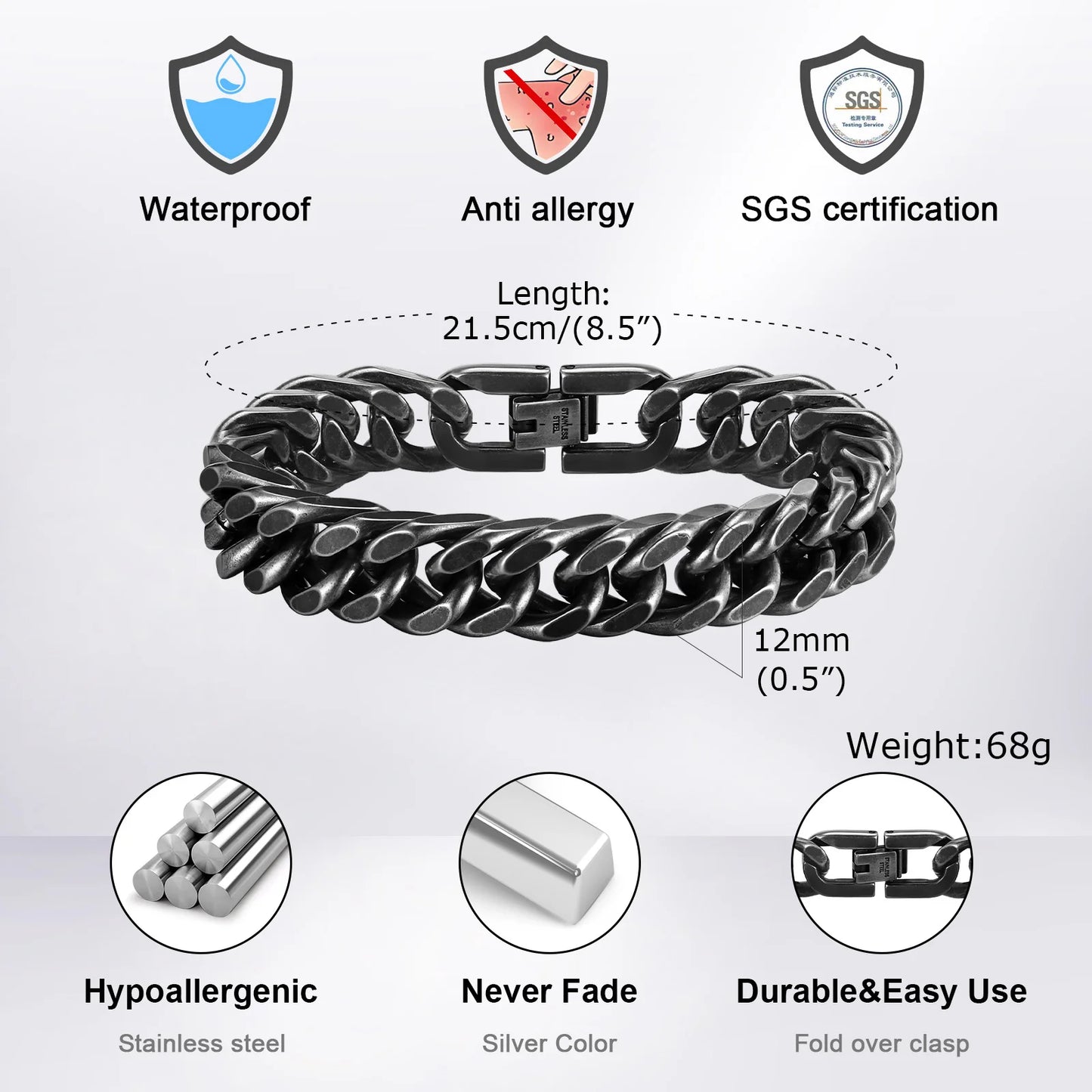 Gold Color Mens Cuban Chain Bracelet,Chunky 8/10/12/15mm Waterproof Stainless Steel Link Wristband Gift Jewelry,19cm /21.5cm