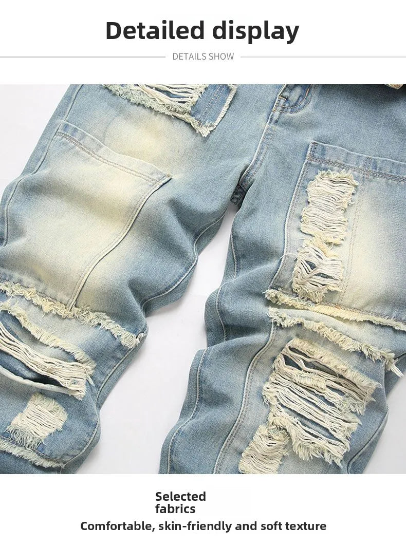 Autumn Men's New Light Blue Slim Fit Jeans Men's Ripped Loose Jeans Elastic Hole Versatile High Street Denim Pants Retro Washed
