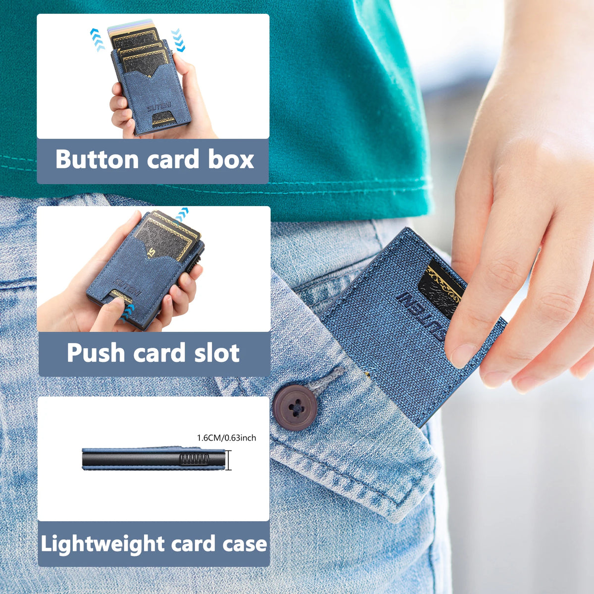 SUTENI Faux Leather Card Slot Wallet Flip Cover Unisex Card Box Pressing The Button Automatically Ejects The Card