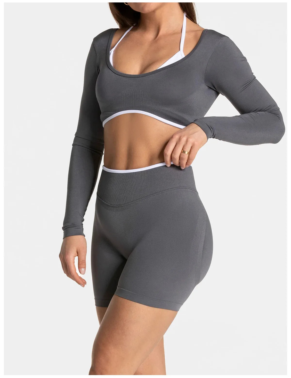 Women's Color Block Yoga Set Long Sleeve Top & High Waisted Shorts Butt Lifting Tummy Control 4-Way Stretch Workout Gym Fitness
