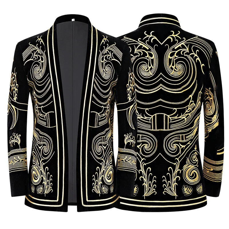 Fashion Brand Men Luxury Embroidered Suits Velvet 2piece European Gentleman Wedding Party Cardigan Style Blazers and Pants