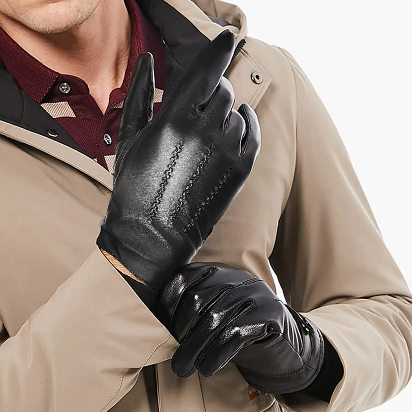 2025 BISON DENIM Men's Sheepskin Gloves Fashion Cashmere Lined Touchscreen Full Finger Mittens Winter Warm Riding Driving Gloves