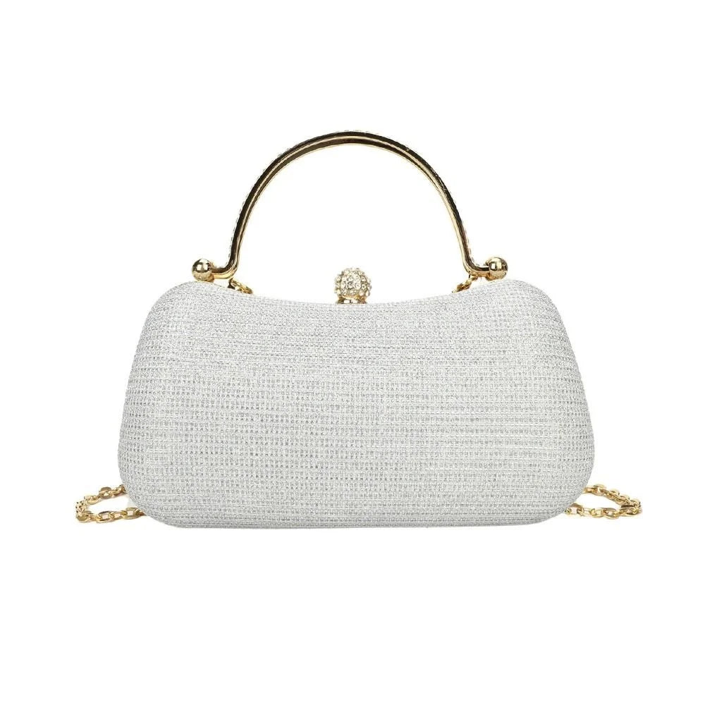 Gold Bright Silk Circular Evening Bag Women Banquet Clutch Rhinestone Decor Chain Shoulder Bags Luxury Female Party Handbags