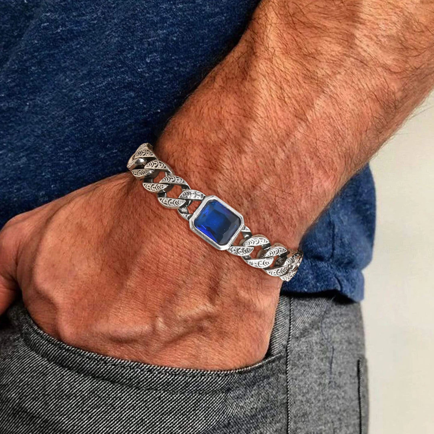 Chunky Cuban Chain Bracelets for Men Boys,Embossed Stainless Steel Chain Link Wristband with Blue Stone,Retro Jewelry Gift