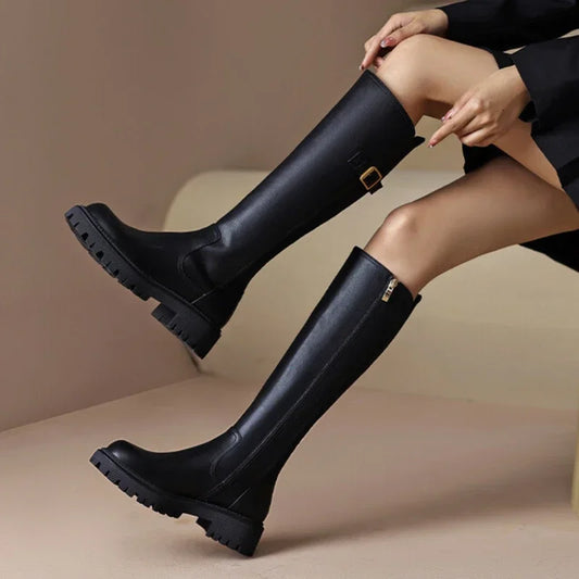 2025 Platform Women Knee Chunky Heels Boots Fashion Belt Buckle Knight Long Booties Autumn Winter Female Thick Heel Shoes