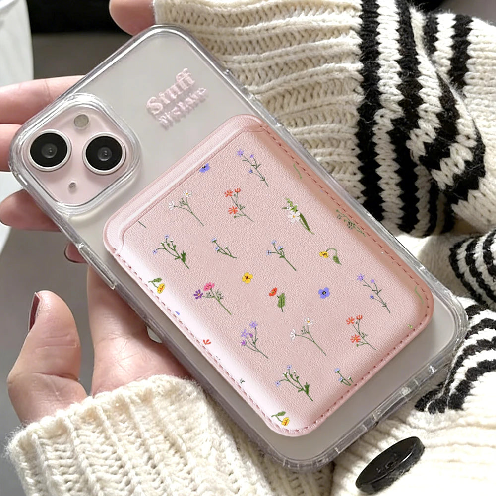 Leather Card Wallet Cover Magnetic Phone Card HolderPhone Back Bag Cute Flowers Case Suitable For all iPhone For Magsafe Card