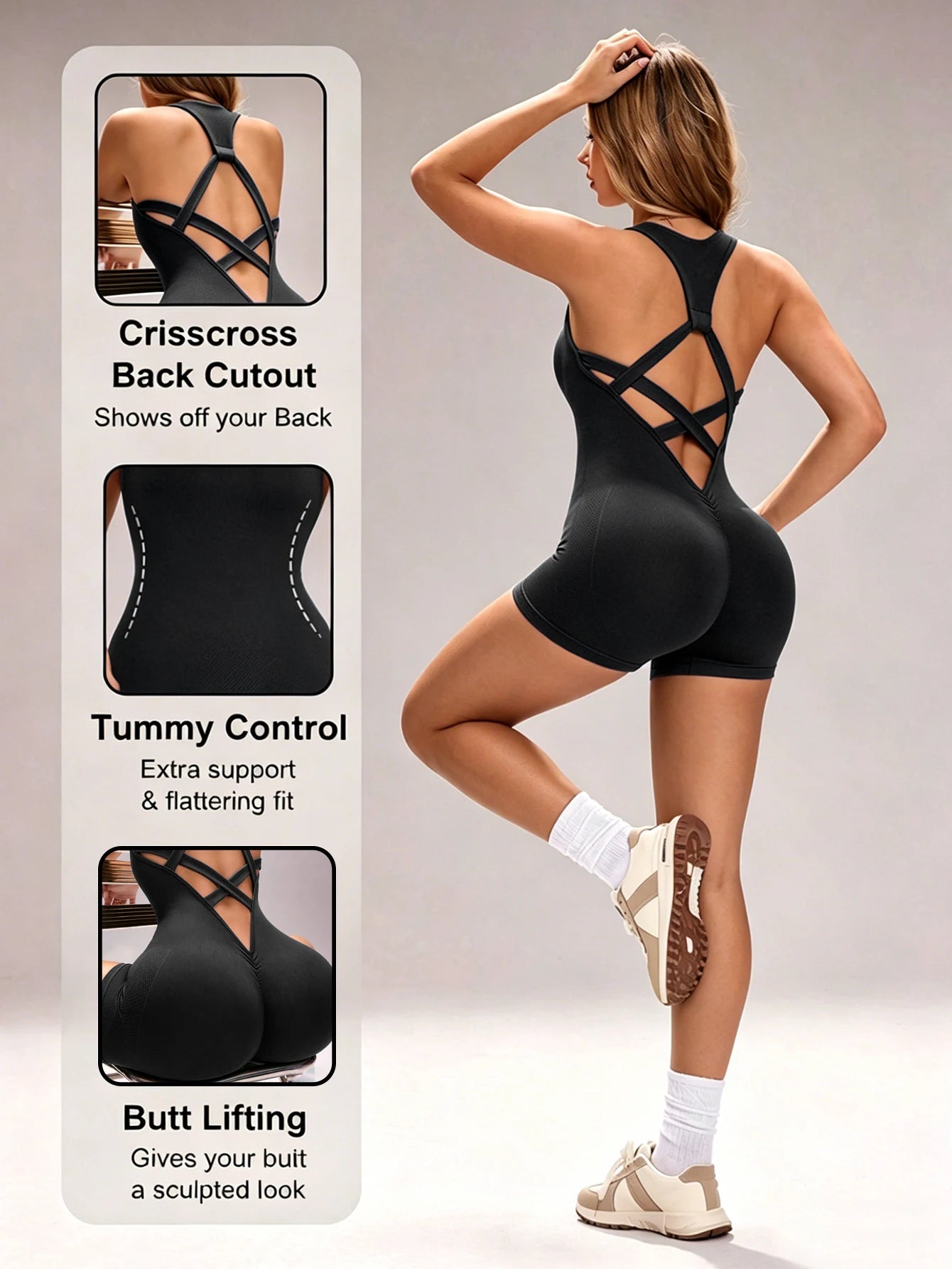 Women Seamless Criss Cross Back Cutout Bodysuit Shorts Tummy Control Butt Lifting Sport Jumpsuit Gym Yoga Workout Activewear
