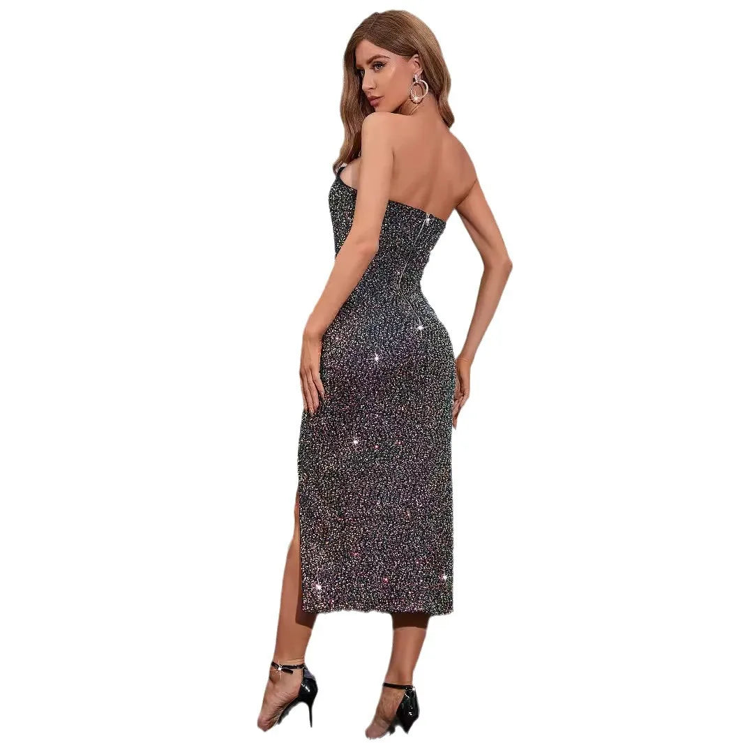 Womens Sexy Strapless Sequin Dresses Birthday Welcome Evening Dress Elegant Party Dresses Long Cocktail Formal Prom Dress