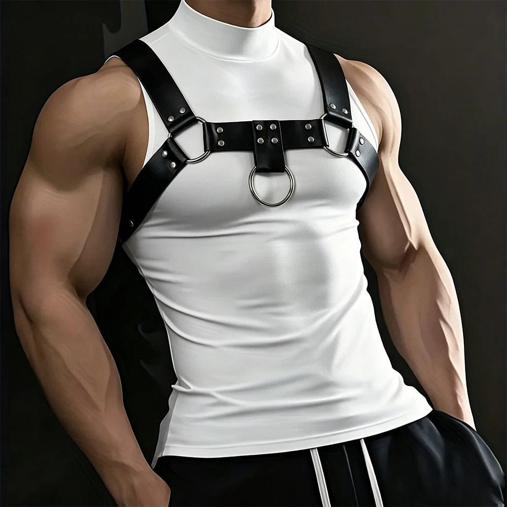 Men PU Leather Chest Harness Belt Adjustable Body Waist Strap with O Ring Rivet Punk Gothic Halloween Carnival Party Accessories