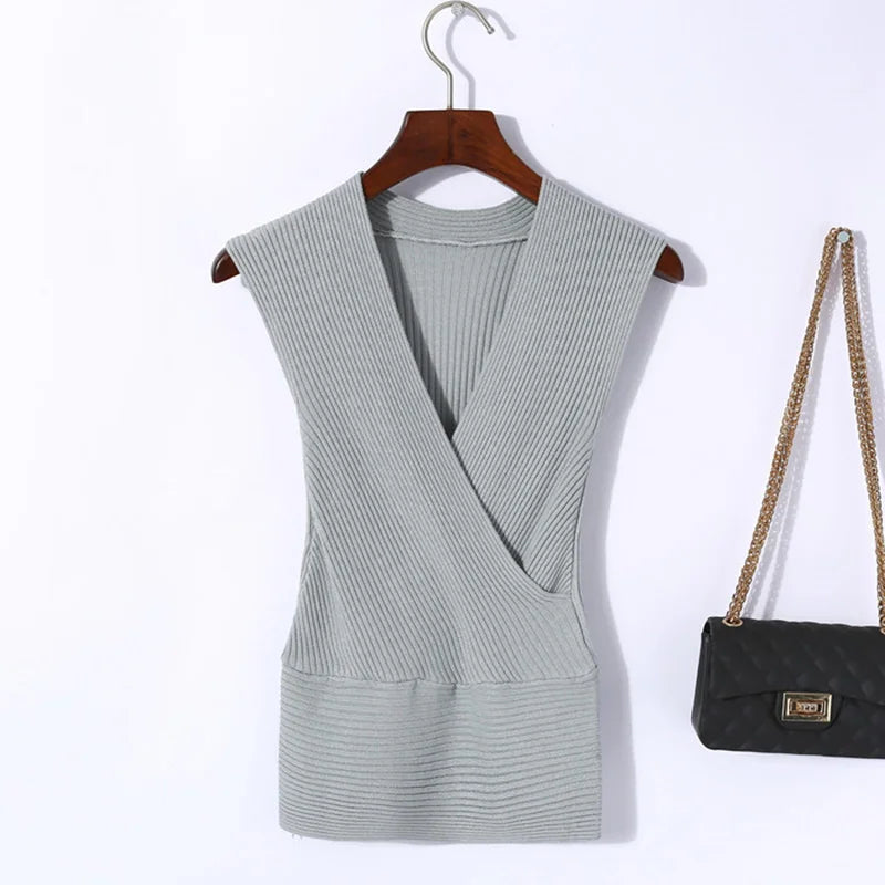 Sexy Deep V Neck Sweater Women 2025 New Womens Clothing Slim Bottoming Large Elastic Knitwear Rib Cotton Sleeveless Top Jerseys