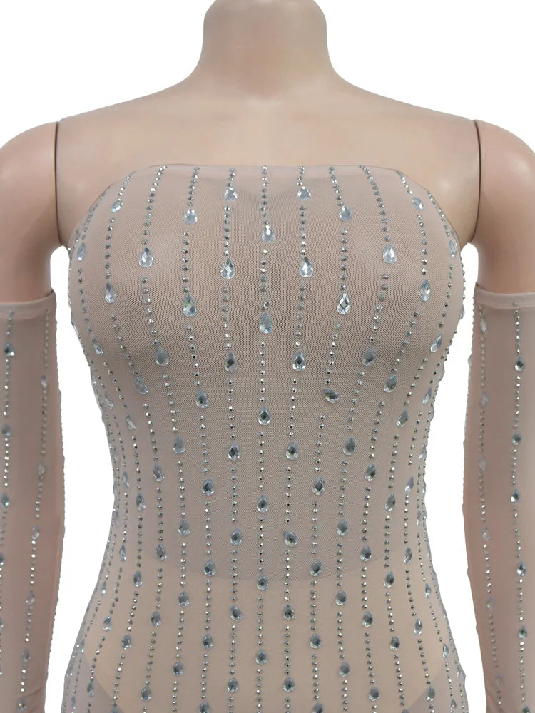 Kricesseen Damen Partykleider mit durchsichtigem Netz und Strasssteinen und Handschuhen, glamouröse Abendkleider aus Kristall, Vestidos De Fiestas Clubwear