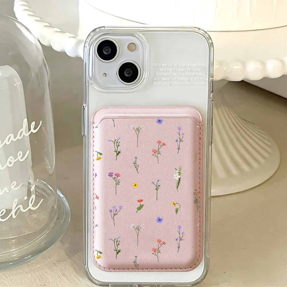 Leather Card Wallet Cover Magnetic Phone Card HolderPhone Back Bag Cute Flowers Case Suitable For all iPhone For Magsafe Card