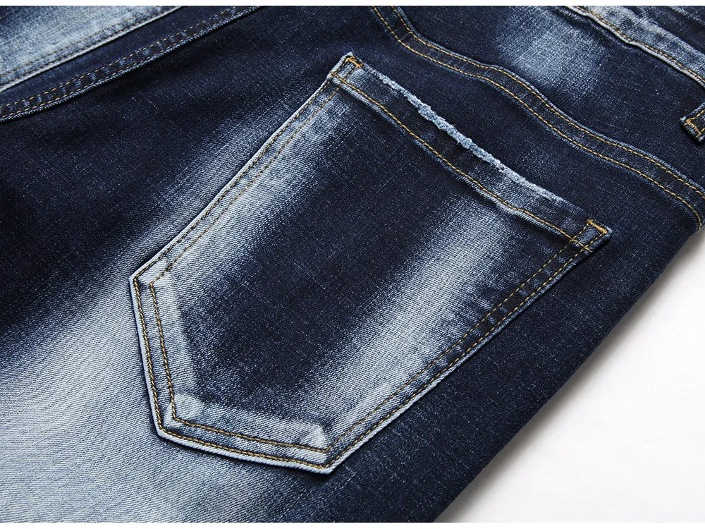 Men Patchwork Denim Jeans Holes Ripped Distressed Dark Blue Stretch Pants Casual Fringe Slim Straight Trousers