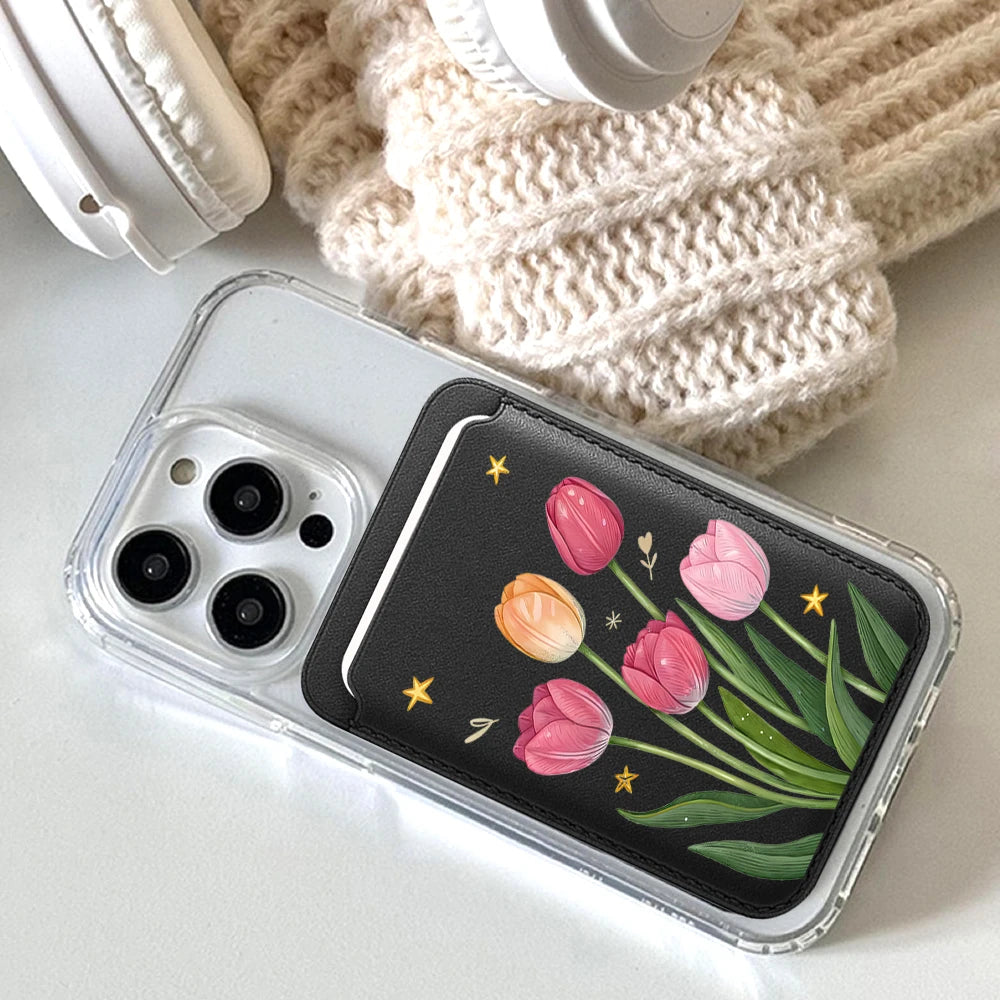 Tulip Flowers Leather Card Wallet Cases Phone Card Holder Magnetic Case Suitable For all iPhone for Magsafe Card Phone Back Bag