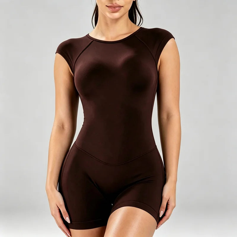 HISTELLO Impact Short Sleeve One Piece Women Open Back Yoga Jumpsuit Soft Stretchy Butt Lift Gym Workout Cycling Romper