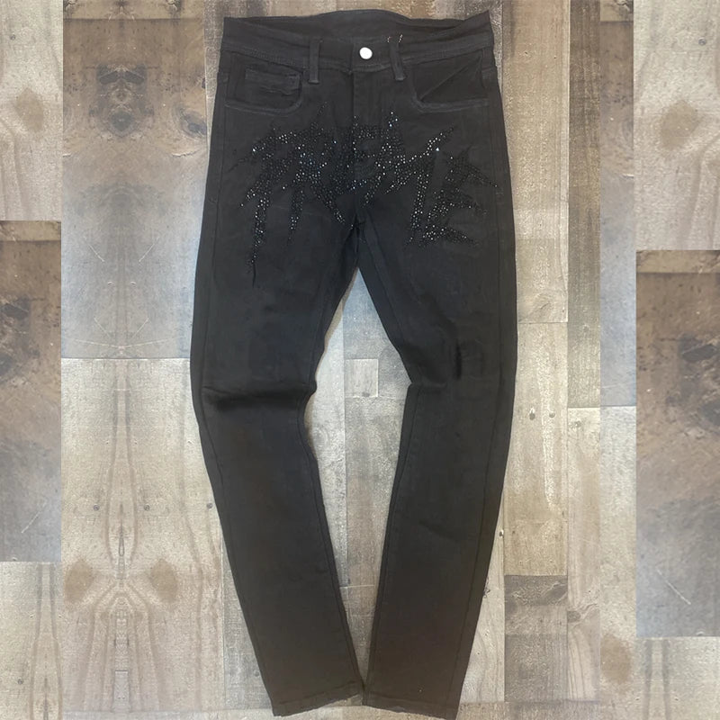 Y2K Herren Stretchy Ripped Skinny Black Jeans Schlanke hochwertige Lochhose Ästhetische Strasssteine ​​Streetwear Denim Bleistifthose