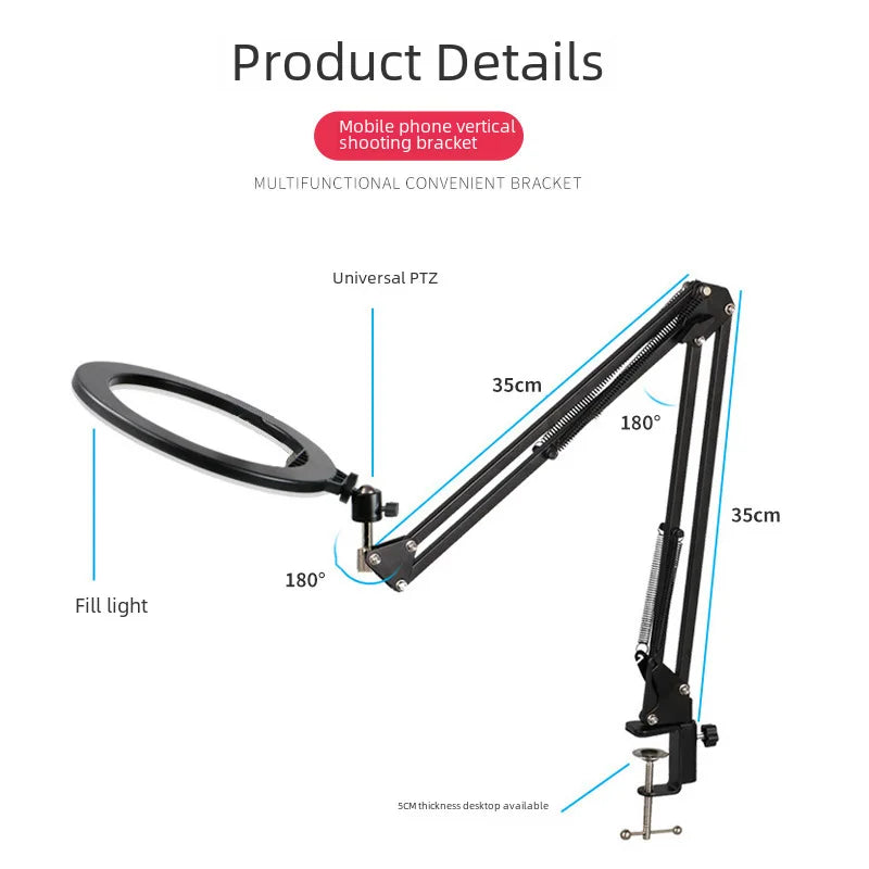 Phone Holder for Recording Videos Desktop Live Streaming Stand with Ring Light & LED Fill Light Makeup Down Photography