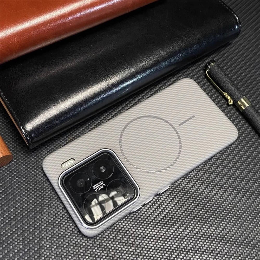 Ultra thin Carbon Fibre Pattern Metal Lens Frame Case for Xiaomi Mi 15 Pro Mi 14 Magnetic Wireless Charging Hard PC Slim Cover