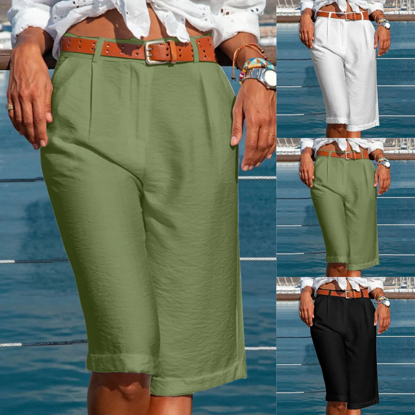 Cotton Linen Summer Women'S Shorts High Waist Knee Length Straight Office Lady Elegant White Black Casual Short Pants (No Belt)