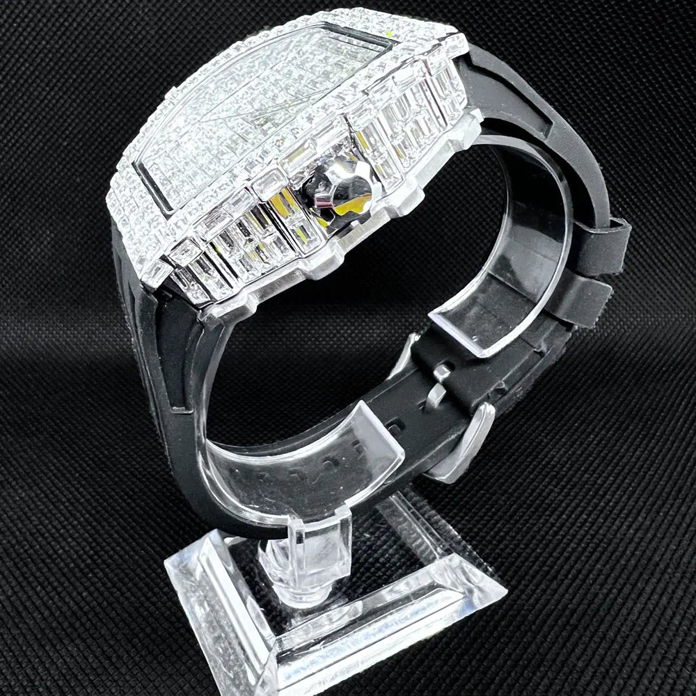 Luxusmarke Herrenuhr Mode Einzigartige Tonneau Uhren Diamant Blingbling Zifferblatt Wasserdicht Gummiband Armbanduhr Heißer Verkauf Geschenk