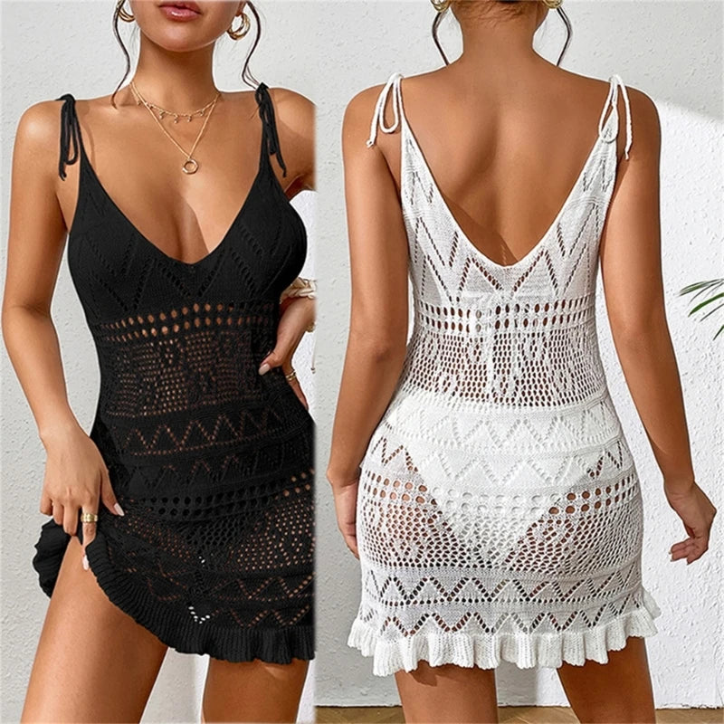 Womens Deep V-neck Beach-Dress See-Through Crocheted Swimsuits Cover Up Hollow out Bathing Suit Cover Up for Beachwear