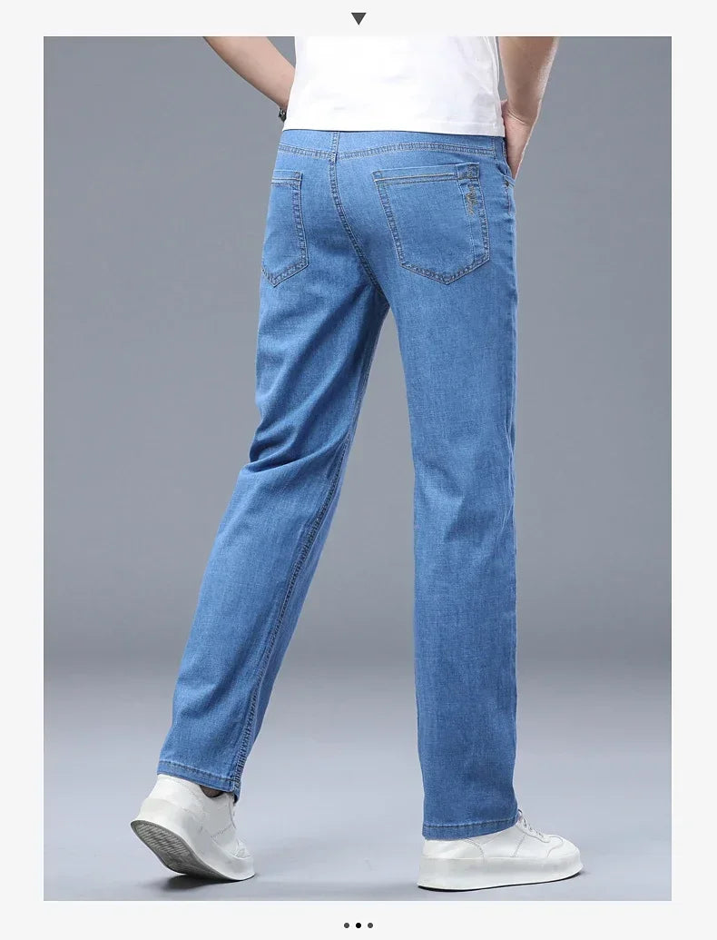 Business Thin Denim Jeans for Men Straight Stretch Cotton Work Pants Business Casual Lightweight Trousers Spring Autumn Workwear