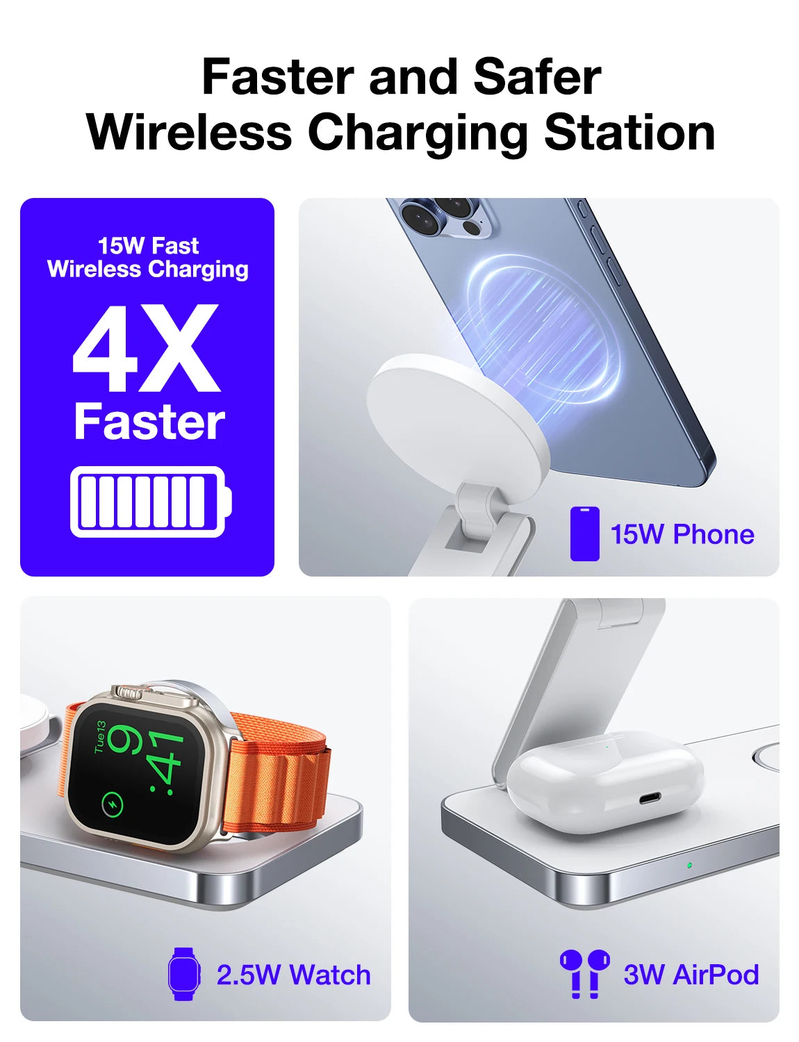 Magnetic 3 in 1 Fast Wireless Charger Stand Foldable Charging Station For iPhone 16 15 14 13 12 Apple Watch 9 8 7 6 Airpods Pro