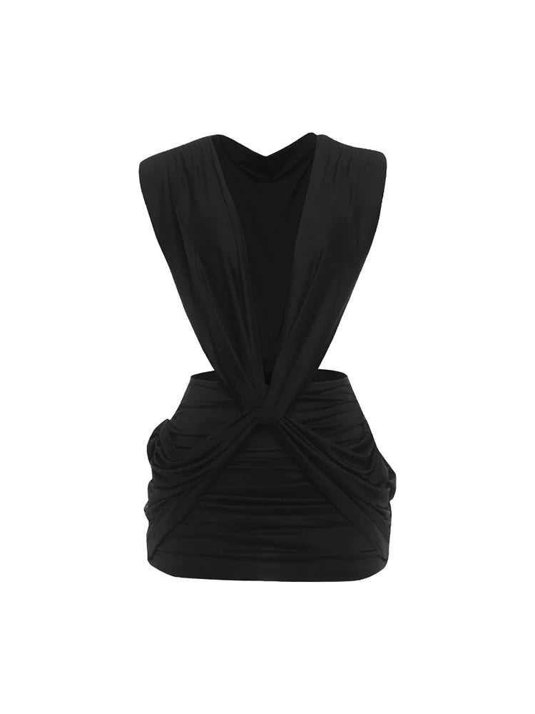 Weird Puss Sexy Cross Ruched Dress Women Deep V-Neck Sleeveless Backless Hollow Patchwork Peach Hip Stretch Slim Party Bodycon