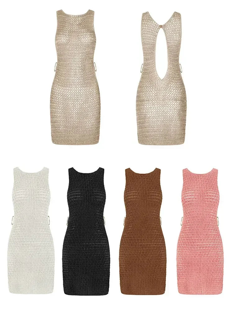 Summer Sexy One Neck Cut Out Circle Decoration Corset Slim Beach Mini Dress Women Seaside Beachwear Swimwear Cover Up