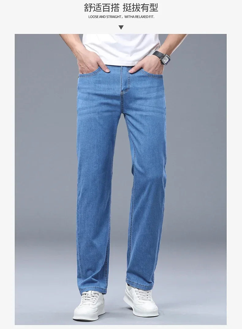 Business Thin Denim Jeans for Men Straight Stretch Cotton Work Pants Business Casual Lightweight Trousers Spring Autumn Workwear