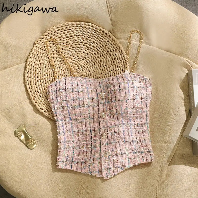 Ropa Mujer Summer Tanks for Women's Sweet Plaid Tunic Sleeveless Camis Crop Tops Chic Chian Backless Single Breasted Vest