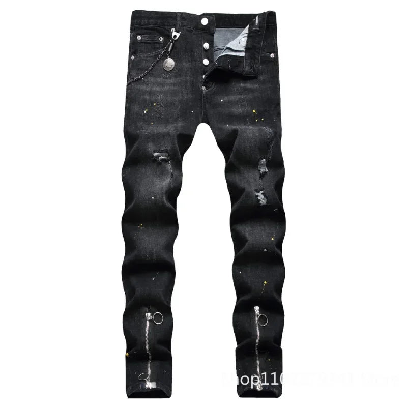 Schwarze zerrissene Jeans für Herren mit Löchern, Jeanshose im italienischen High-Street-Stil, hochwertige Slim-Fit-Jeans für Herren, Größe 38