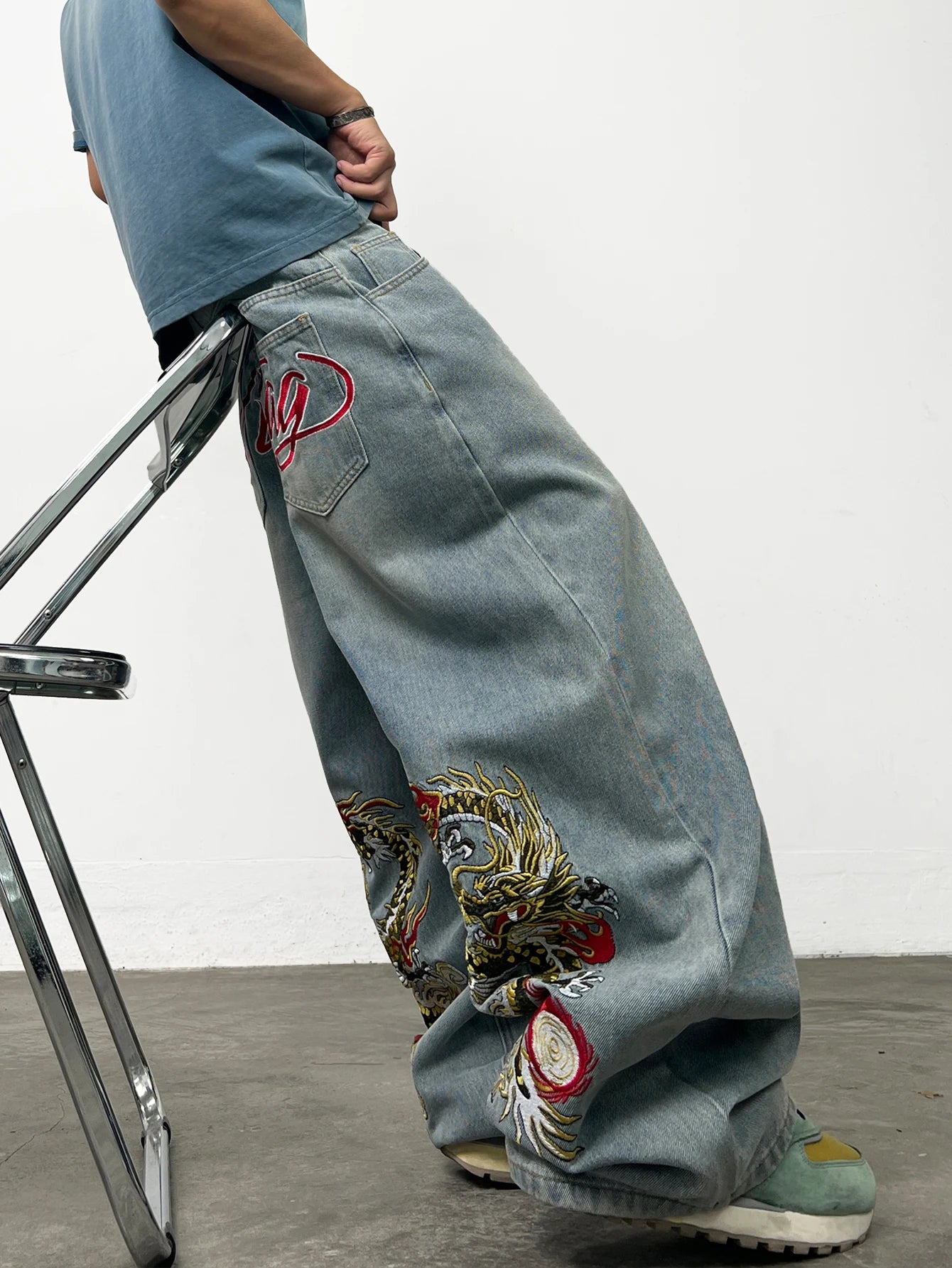 American Retro Dragon Art Embroidery Blue Baggy Jeans Men's y2k Washed Street Hip-Hop Fashion Versatile Straight Wide-Leg Pants