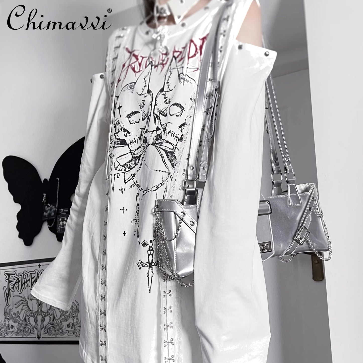 Original Gothic Printed Subculture T-shirt Top Spring New Japanese Punk Dark Girl Loose Long-sleeved Off-the-shoulder Tshirts