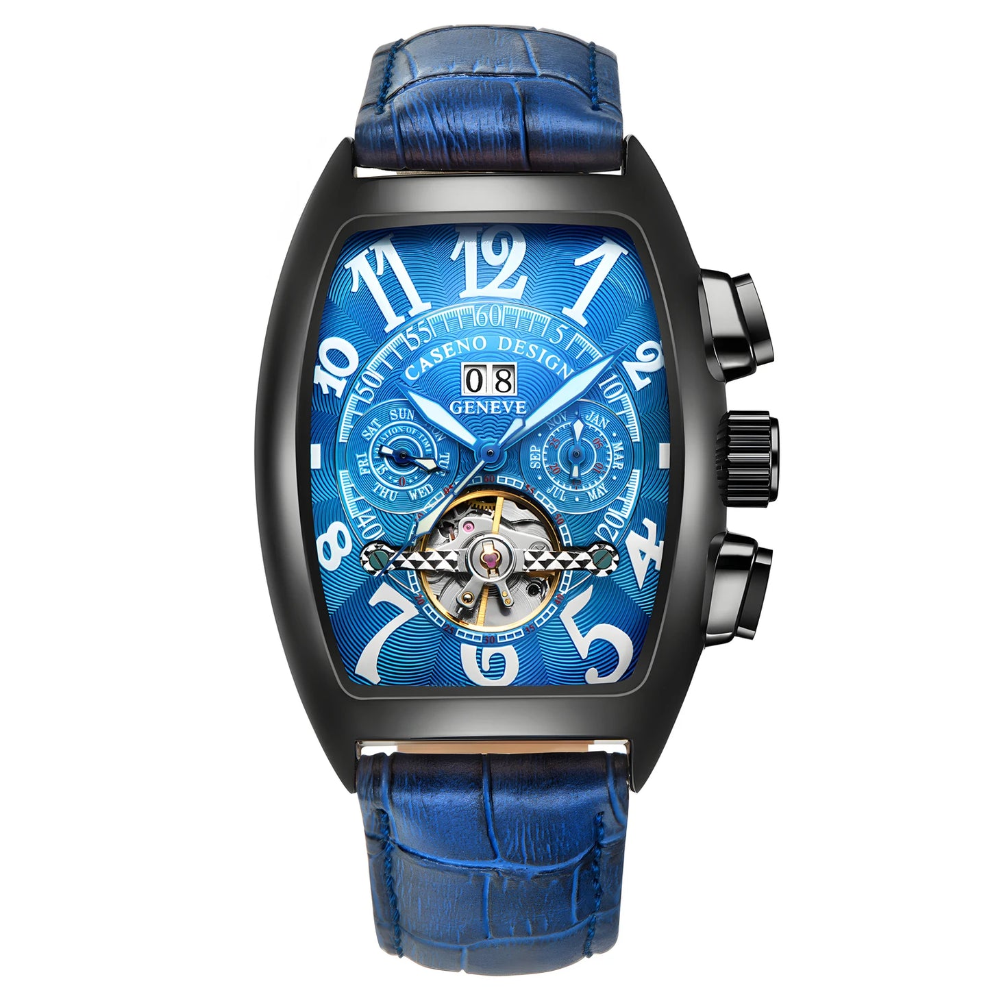 CASENO Top Luxury Brand Men's Fully Automatic Mechanical Tourbillon Watch Calendar Night Glow Tonneau Skeleton Watch -577G