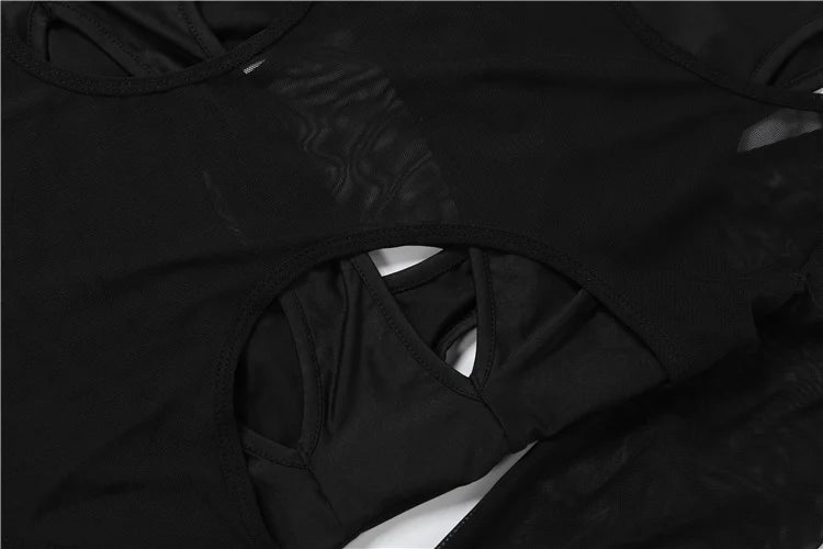 Kliou Mesh Patchwork Bodysuits Woman Irregular Hollow Design o-Neck Full Sleeve Skinny Stretch Hot Girls Sexy Fashion Bodycon