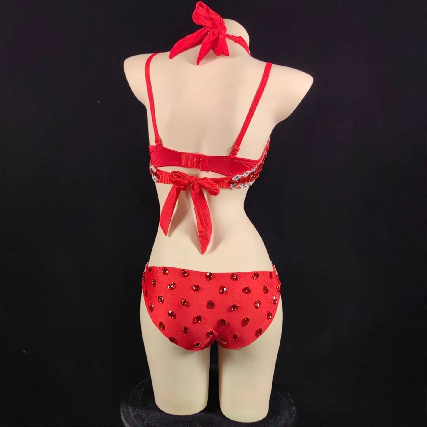 Women Luxury Rhinestones Beading Bodysuits Stage Costumes Sexy Sparkly Halter Bra Bikini Showgirls Dress Special Occassion