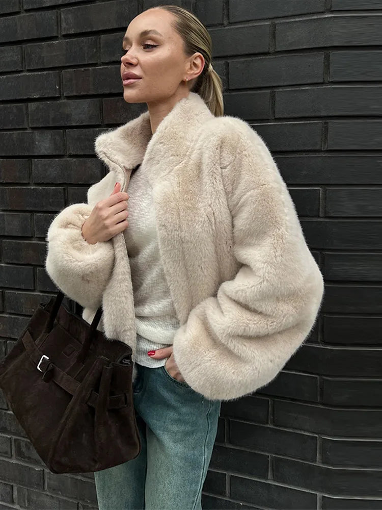 2025 Winter Coat Women Warm Outerwear Loose Fur Faux Coat Women Elegant Jacket Long Sleeve Zipper Female Short Coats