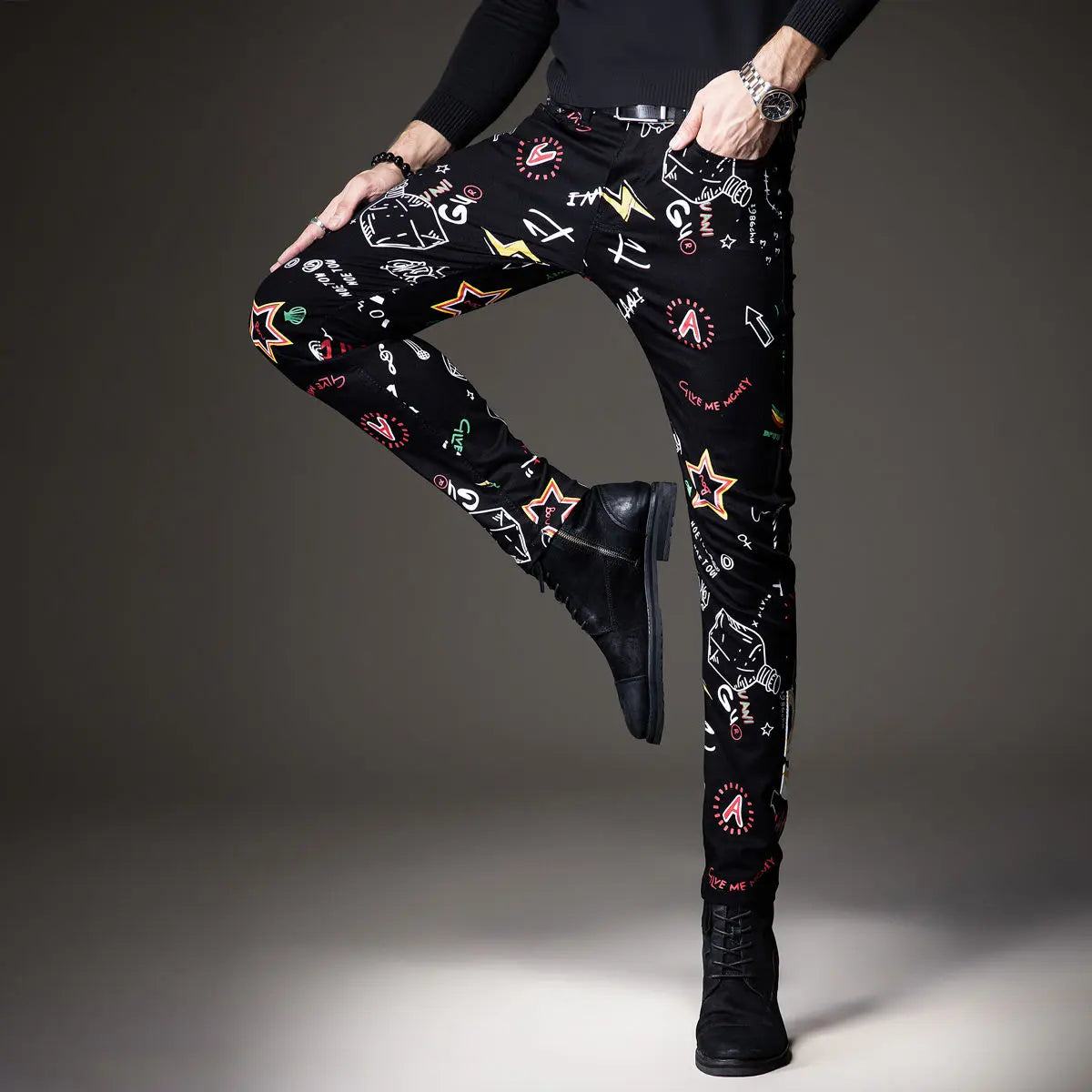 Luxuriöse Jeanshose für Herren, Hip-Hop-Jeans mit Graffiti-Print, Designer-Jeans in Slim Fit, trendige schwarze Jeans, Stretch-Cowboy-Baumwollhose für Männer