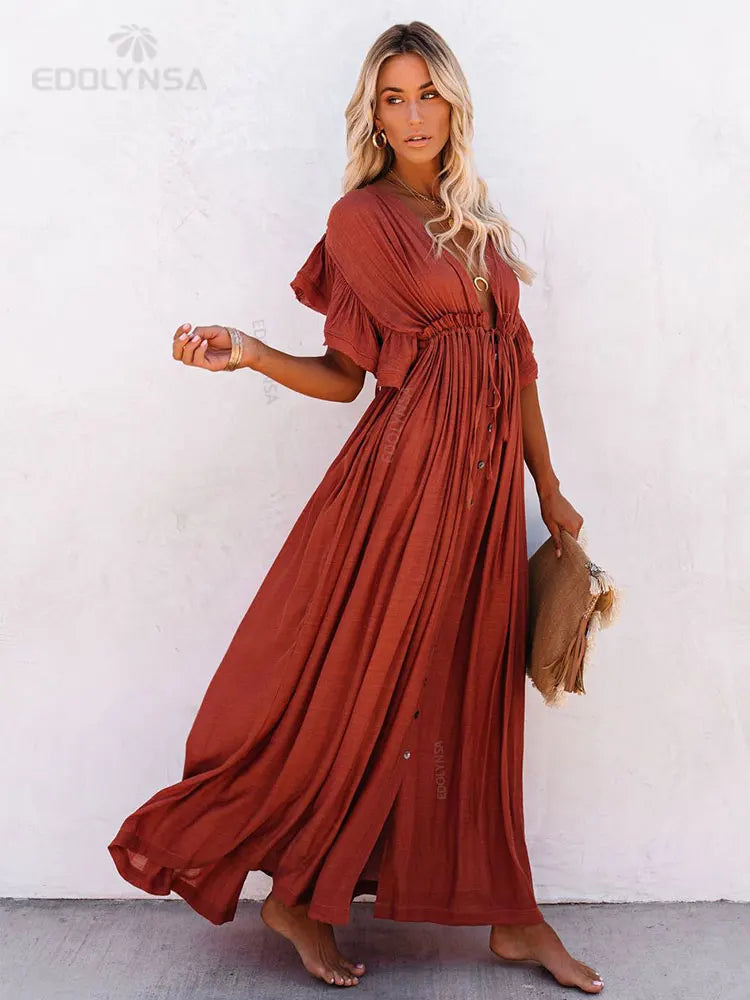 Sexy Deep V-neck Butterfly Sleeve Self Belted High Waist Button Front Open Summer Beach Dress WhiteTunic Women Beachwear Q1208