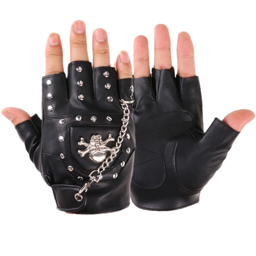 Skull Gloves Street Dance Men Fashion Punk Chain Gloves Nightclub Performance Youth Women Bracelet PU Leather Half Finger Gloves