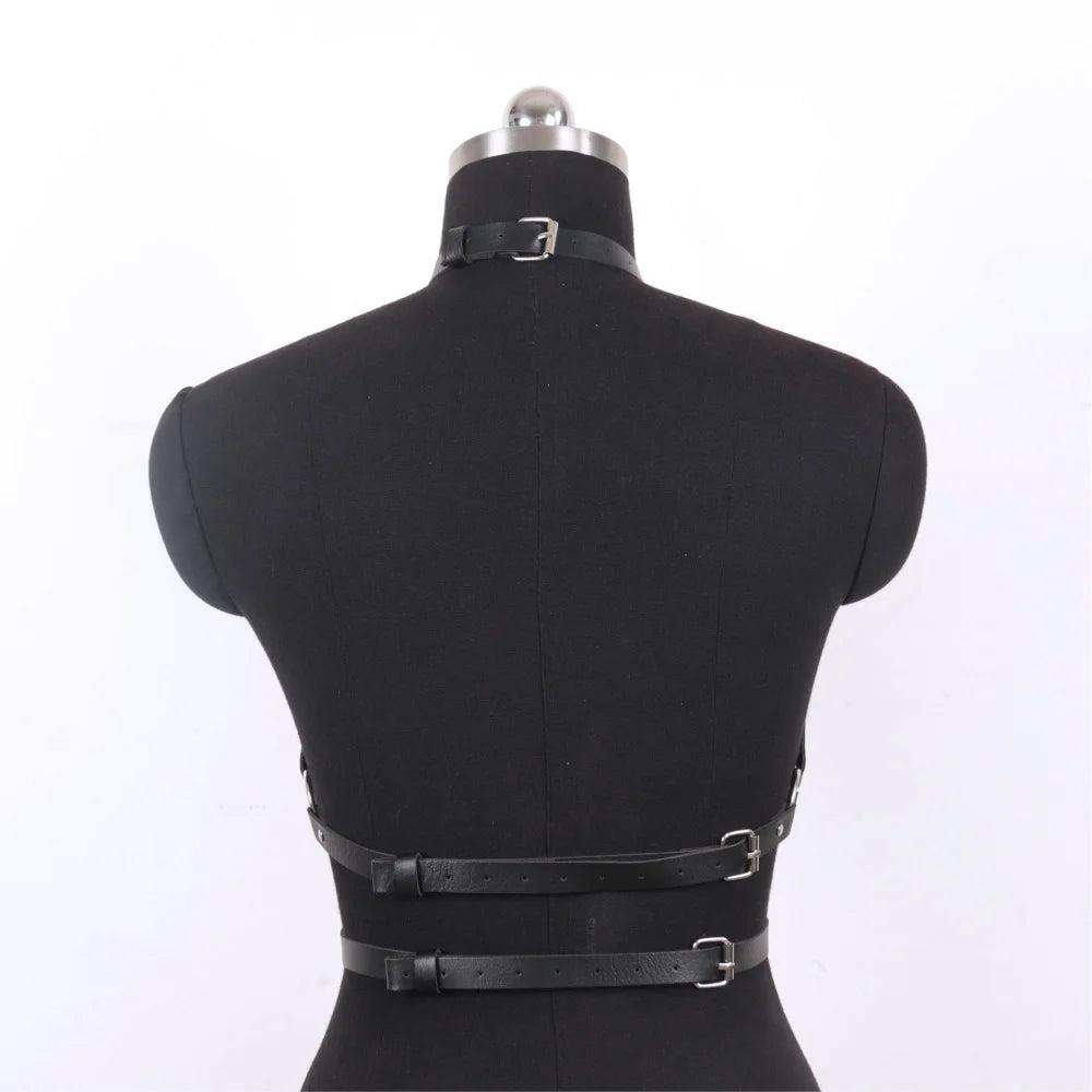 Gothic Dark Faux Leather Halter Body Harness, Adjustable Hollow Out Chest Strap for Halloween Vampire Witch Cosplay, Y2K Hot Gir